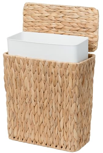 Coeusy 3 Gallon Wicker Trash Can,Small Bathroom Trash Can with Lid,Natural Water Hyacinth Wicker Waste Basket for Bedroom,Toilet,Narrow Garbage Can with Removable Liner