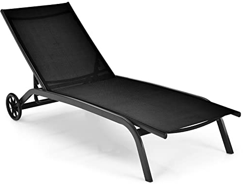COSTWAY Tumbona de Jardín con Respaldo Reclinable, 6 Posiciones, Tumbona con Ruedas, Tela de Texileno, 164,5 x 61 x 34cm, Terraza, Balcón, Playa, Piscina (Negro)