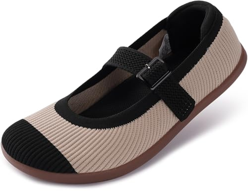 WHITIN Womens Mary Jane Ballet Flats Shoes Barefoot Wide Toe Box Zero Drop Sole Sneakers Minimalist Size 8 Knit Dressy Width Mesh Dress Ballerina Wedding Summer Walking Nude 39