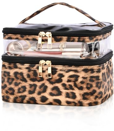2 in 1 Beauty Case Donna, 22x16x15cm, Pochette Trucchi Grande con Borsa per Pennelli, Maniglia, Divisorio Impermeabile, Leopardato & Trasparente, Truss Makeup Bag, Porta Trucchi da Viaggio per Ragazza