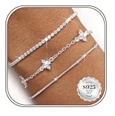 CASSIECA 3 Pcs Pulsera Plata Mujer de Ley Pulsera Circonitas Estilo Tenis Plata Ajustable Pulsera Cuentas Multiples Cadena Apilable Regalos de Joyería para Mujer