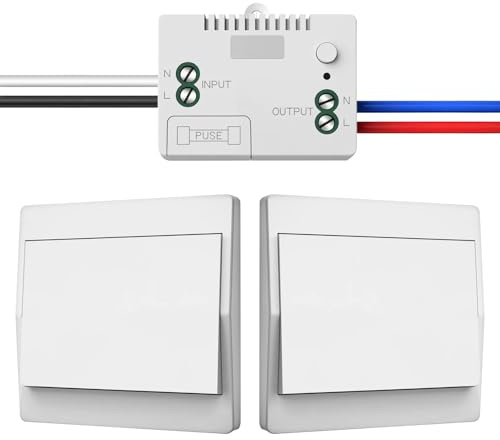 EU Interrupteur Sans Fil Sans Piles, Lot de 2 kit 230 V Interupteur Sans Fil Autoalimente Commutateur RF sans fil Contrôlez votre lampe jusqu'à 200 mètres (EU Kit 1 récepteurs + 2 interrupteurs)