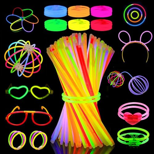 Braccialetti Luminosi Fluorescenti Set, 100 Pezzi Bastoncini Luminosi + 120 Connettori e 16 Accessori, 8 Colori Glow Stick fluorescenti, Braccialetti Fai da te, Occhiali, Decorazioni Festival e Feste