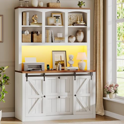SEDETA 2 Drawer File Cabinet with Power Strip, 41” Farmhouse Filing Cabinet fits Legal, Letter, A4 Size Files for Home Office, Printer Stand with Storage Shelf, Bar Door and LED Lights, White
