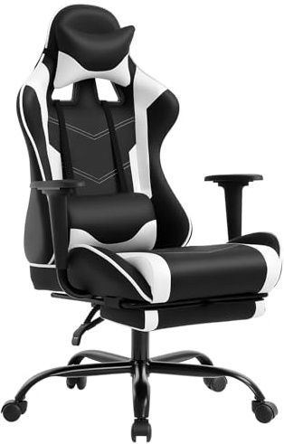 BestOffice | Ergonomic Gaming Chair | White | Reclining Computer Chair with Lumbar Support, Headrest Pillow, Adjustable Footrests | 360 Swivel with Heavy Duty Wheels | for Home & Office