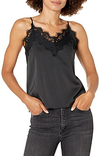 The Drop Damen Natalie Top mit Spitzenborte, V-Ausschnitt, schmale Träger, Schwarz, XS