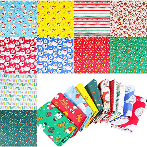 Qpout 10 pcs Christmas Cotton Linen Fabric Patchwork, 50x50 cm Multi-Color Xmas Quilting Craft Fabric Bundles, Snowflake Reindeer Christmas Tree Fat Squares Patchwork for DIY Sewing