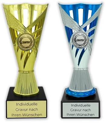 Pokal Gold mit Wunschtext | Silber Pokal mit Gravur | Pokal als Geschenk für Frauen und Männer | Geschenk für Mitarbeiter | Wanderpokal mit Emblem | Kollegen Geschenk in 2 Größen (17cm, Silber)