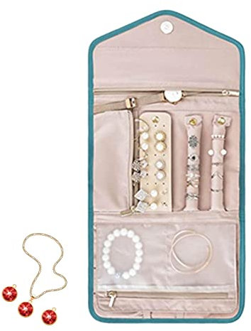 Yusheng Pochette à Bijoux Pliable - Organisateur de Bijoux de Voyage avec Compartiments, pour Bagues, Colliers, Boucles d'Oreilles, Montres - Bleu