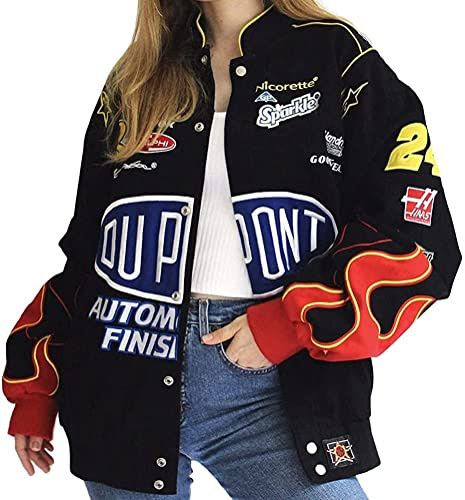 Vagbalena Giacca da Baseball Donna Giacca Stile College Oversize Stampa Patchwork con Tasche Giacca Anni '90 Retro Racing Paillettes Cerniera Manica Lunga Giacca Sportiva (Nero 1,S)