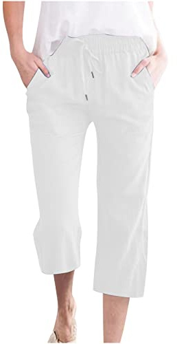oglccg Womens Capris Trousers 3/4 Pants Cotton Linen Elastic High Waist Cropped Drawstring Summer Autumn Solid Color Pockets Loose Straight Wide Leg Outdoor Plus Size 8-18 White, XL