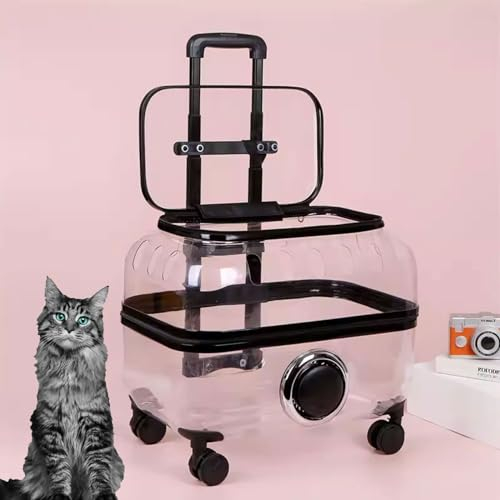 GAMAK Transparente Katzenbox Transportbox mit Teleskopgriff und RäDern, Atmungsaktive Reisetasche füR Haustiere Von Oben Zu öFfnen füR Kleine MittelgroßE Hunde Katzen (Color : Clear)
