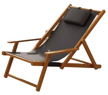 Strandstuhl Klappbar Leicht Aus Holz, Rückenlehne Einstellen, Kopfstütze, PVC-Oxford-Tuch, Liegestuhl Holz mit Armlehne, für Balkon, Garten, Camping (Color : B, Size : Brown Shelf)