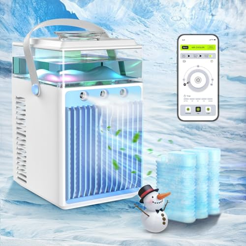 Mini Klimageräte Mini Luftkühler, 4 in 1 USB Tragbare Mobile Klimaanlage mit 6-Eiskästen and App-Steuerung,3 Geschwindigkeits Mini Verdunstungs Klimagerät Air Cooler für Hause, Büro,Reise