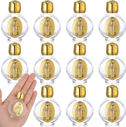 Domensi 12 Pcs Wedding Glass Holy Water Bottles 0.5 oz First Communion Embossed Catholic Baptism Favor Christian Water Container Bulk Gift Church Decor(Gold,Virgin Mary Devotional)