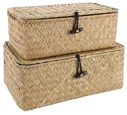 GBACHOOSE 2 Stück Aufbewahrungskorb aus Seegras, Aufbewahrungsbox mit Deckel, Korb mit Deckel, Aufbewahrungskorb mit Deckel, Rattan Korb für Kleidung, Bücher, Kosmetika, Badartikel (Groß + Klein)