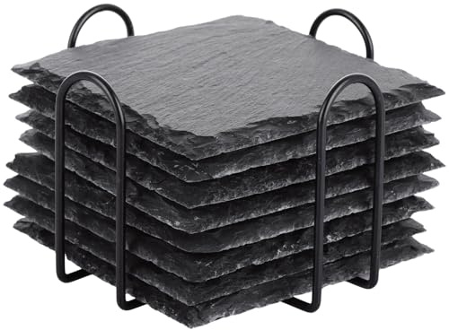 ASelected 8 Pcs Slate Drink Coasters With Metal Holder, 10 X 10 cm 4 Inch Black Stone Square Slate Coasters, Bulk Cup Coaster Set For Engraving, Craft Cup, Bar, Diy, Kitchen, Apartment, Home Decor