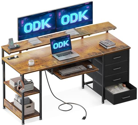 ODK Computer Desk with 4 Drawers, Office Desk with 2 Sockets & USB Ports, PC Table with Storage for Home Office, Study Table for Bedroom with Keyboard Tray, Brown, 140x52 cm