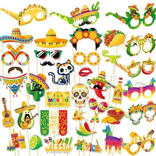 Qpout 30PCS Accessori per Foto Fiesta Messicana con 8 Occhiali di Carta, Decorazioni per Feste di Carnevale Messicano, Accessori per Selfie, Forniture per Cinco de Mayo Festa a Tema