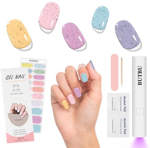 BUTBU Halvhärdade gel nagelremsor, 20 st gel-nagelklistermärken med mini UV-lampa, självhäftande vattentäta nagelomslag, gelnagellack-remsor med nagelfil för gör-det-själv nagelkonst (färgglad)