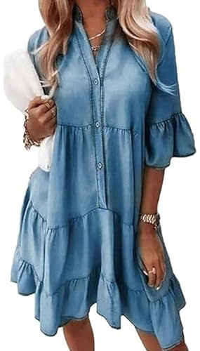 XUANXUANQZ Robe en Jean Alltoright, Robe D'été À Volants Et Col en V, Aspect Denim Léger, Coton Lavé, Manches Mi-Longues (Bleu Denim,TG)