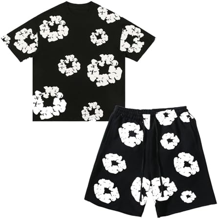 Generisch DT Ensemble t-shirt et short pour garçon 2 pièces Tenue d'été Streatwear DT Survêtement Jogging Survêtement 2 pièces Y2k Fleurs Survêtement de sport Baggy Streatwear Hip Hop Short Ensemble