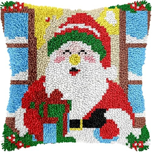 YarnAdventures DIY Latch Hook Kit cuscino,Babbo Natale carino,cuscini all'uncinetto kit per la creazione di tappeti,Gancio Di Chiusura Per Adulti,43x43cm
