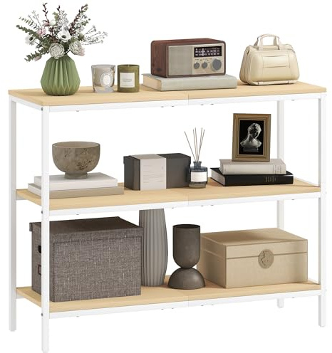HOMCOM Mesa de Consola Estrecha 101x35x80 cm Consola de Recibidor Mesa de Recibidor Moderna con 3 Estantes Abiertos y Patas de Metal para Pasillo Entrada Salón Dormitorio Natural y Blanco
