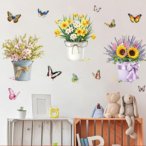 FUFUQUARE Flower Pot Wall Stickers Colorful Butterfly Floral Potted Wall Decals Watercolor Bonsai Bouquet Decoration for Living Room Kitchen Bedroom Porch Background