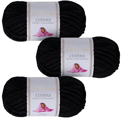 Utopia Crafts Cuddle Super Chunky Chenille Soft Yarn for Knitting and Crochet, 3x 100g - 60m (Black)