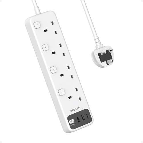 TESSAN Extension Lead with USB C Slots, 4 Way Multi Plug Extension Sockets with Individual Switch, Wall Mountable Extension Cable 2M, 3250W Multiplug Power Strip for Home, Office, School Supplies
