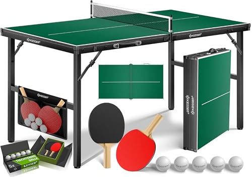 KESSER® Mesa de ping pong mini con set de palas de ping pong, pelotas de ping pong y red TT | Interior | Portátil, tablero laminado + plegable – diseño de maleta, niños y adultos – 153 x 76,5 cm