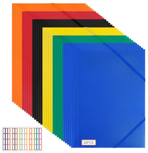 30 st mapp A4-med elastiskt band, samlarmapp PP-plast, hörnspännare A4-mapp PP DIN A4 med 2 gummiband, dokumentmapp, lätt mapp för mappar, möten, rapporter – 6 färger
