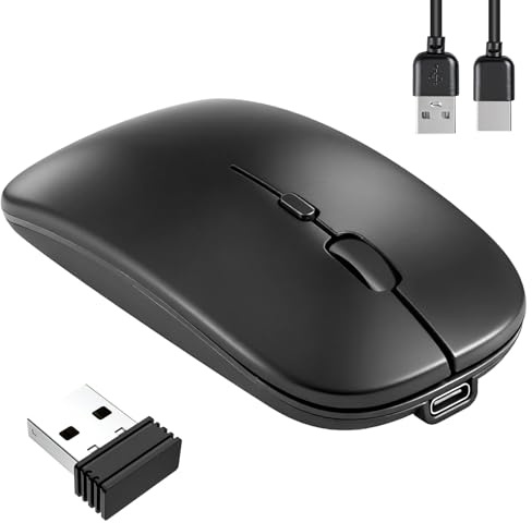 Ratón Bluetooth Recargable, Portatil Inalámbrico Raton con Modos Duales BT5.1 y 2.4G, 3 Niveles de Adjustables 1600 DPI Ultrafino Ratón Silencioso Compatible con MacBook PC Portátil Chromebook (Negro)