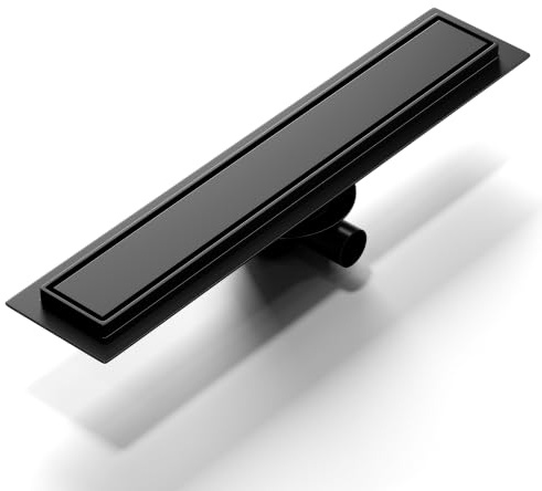 LISEEGO Canaleta de Ducha Negro 50 cm | Enlosable con 360°Sifón Sin Olores, Filtro de Cabello y Diseño Sin Umbral para Ducha a Ras, Acero Inoxidable AISI 304