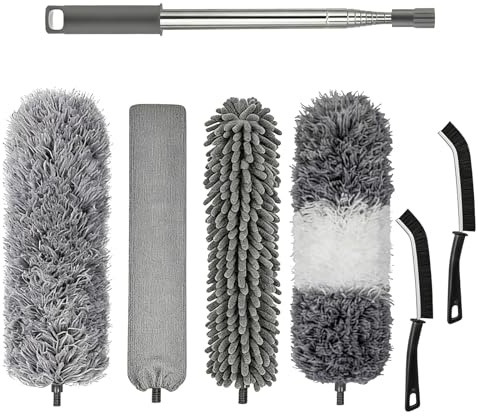 7 Pezzi Spolverino per Polvere, Spolverino Telescopico Lavabile in Microfibra, Allungabile Fino a 250 cm, per Soffitto, Ventilatori, Tapparelle, Ragnatele, Pulizia
