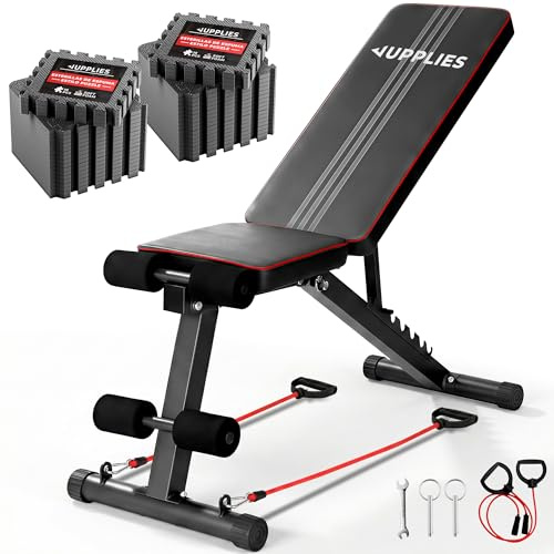 JUPPLIES Panca Pesi Pieghevole Multifunzionale 7 Posizioni | Inclinabile fino a 90° | Capacità 250kg | 2 Fasce Elastiche Incluse | Panca Palestra Casa + Tappeto Puzzle 36 Pezzi