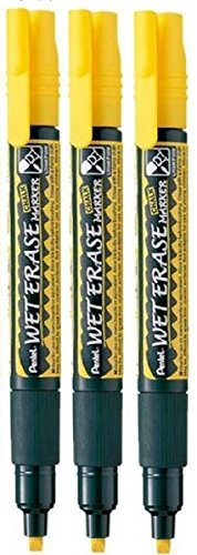 Pentel Yellow Wet Erase Chalk Marker Pens Metal Glass Plastic Stone Blackboard Chalkboard 4mm Chisel Nib With 1.5mm - 4mm Line Width SMW26-GO (Pack Of 3)