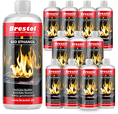 BRESTOL® Bioethanol für Kamine & Tischkamine 12x 1000ml – Nachhaltig & geruchsfrei, höchste Reinheit mit 99% Ethanolgehalt – Umweltfreundliches Tischkaminbrennstoff, Brennstoff für Innen- & Außen