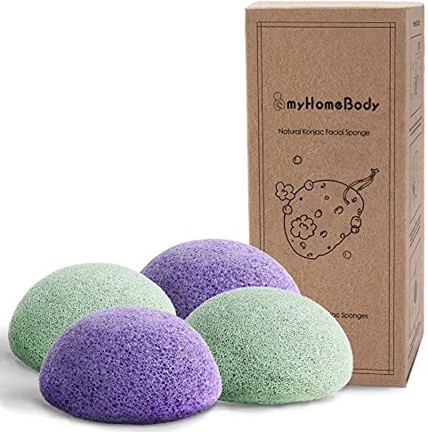 myHomeBody Natural Konjac Facial Sponges - for Gentle Face Cleansing and Exfoliation (Violet Lavender, Sage Green)