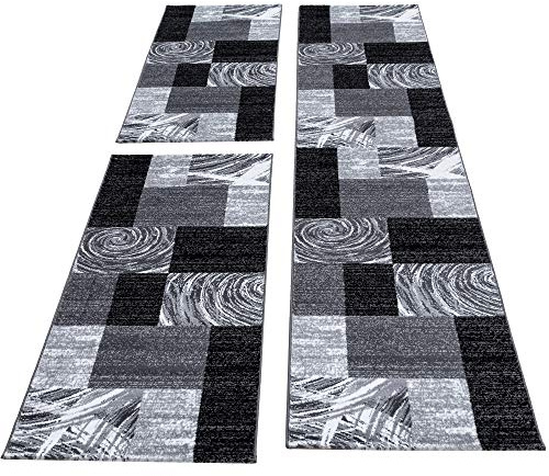 Carpettex Bettumrandung Schlafzimmer 3teilig Kurzflor Teppich Schwarz Meliert Bettset:2 mal 80x150 cm + 1 mal 80x300 cm - Bettvorleger Schlafzimmer Läufer Set Weicher Bettumrandung Teppich