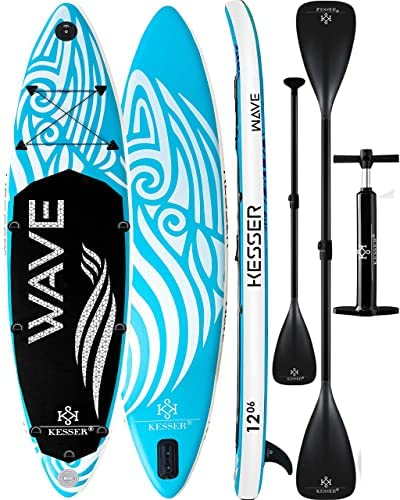 KESSER® Aufblasbares SUP Board Set Stand Up Paddle Board Premium Surfboard Wassersport | 6 Zoll Dick | Komplettes Zubehör | 130kg Aqua Hellblau
