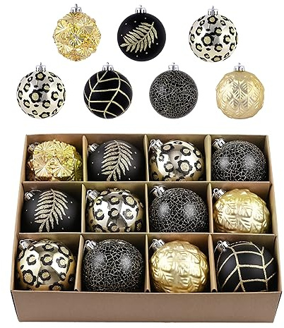 Valery Madelyn Weihnachtskugeln, 12 Stücke 8cm Christbaumkugeln Kunststoff Weihnachtskugel Weihnachtsdeko mit Aufhänger Geschenkpaket Weihnachtsbaumschmuck Schwarz Gold Thema