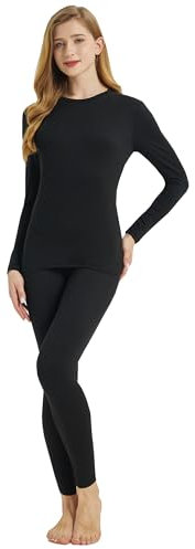 YUSHOW Thermal Underwear Womens Ultra Soft Crew Neck Long Sleeve Top & Long Johns Pants Winter Warm Thermal Leggings Womens Thermal Underwear Set Ski Base Layers for for Cold Weather Black