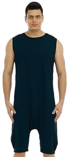 QIYUANT Pijama Corto Hombre Verano Cierre de Cremallera Inferior Sin Mangas Una Pieza Pijamas Mono Entero Jumpsuit Adulto Onesie Cómodo Ropa de Casa Dormir (Azul Marino, XXL)