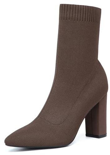 NEWBELLA Women's Pointed Toe Chunky Heeled Ankle Boots, Stretch Knit Sock Booties with High Heels, Classy Slip-on Dress Boots for Daily Wear (Coffee, 8.5, Adult, Women, 8.5, Numeric, US Footwear Size System, Medium)