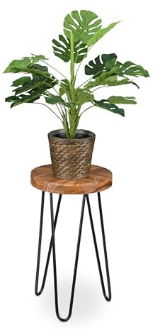 Relaxdays Blumenhocker, Akazienholz, rund, für Blumentöpfe, Pflanzkübel, Retro Blumenständer HD: 42x25 cm, braun/schwarz
