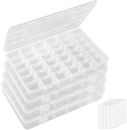 Lifewit 4-pack 36 småfack genomskinlig stapelbar plastförvaring med justerbara avdelare för pärlor, hantverk, smycken, fiskeutrustning med 5 ark klisteretiketter för märkning