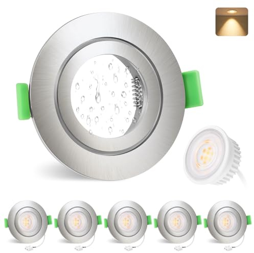 YindaLux 6x Foco empotrable LED 230V IP65 5W Spot LED Medida de taladro 68mm Spot de techo Ultra plano Luz empotrada 2700K Luz cálida GU10 Spots empotrable para Baño Salón, Níquel, No regulable