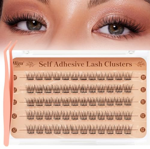 Higu clace Self -Adhesive-Cluster-Lashes Natural Look, Pre-Glued-Eyelashes D Curl Mix 10-12mm, 60 Pcs Pre Glued Lash No Glue Deeded, Press on Lashes Easy to Use(Natural Y)